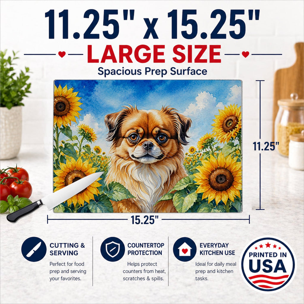 Tibetan Spaniel in Sunflowers Cutting Board Tempered Glass Kitchen Cutting Surface, Heat Resistant Chopping Board with Non-Slip Feet, Decorative Food Prep & Serving