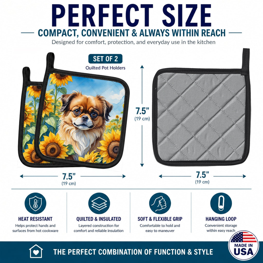 Tibetan Spaniel in Sunflowers Pot Holder Set of 2 Heat Resistant Quilted Hot Pads 7.5 x 7.5 Inch, Insulated Kitchen Trivets for Cooking & Baking