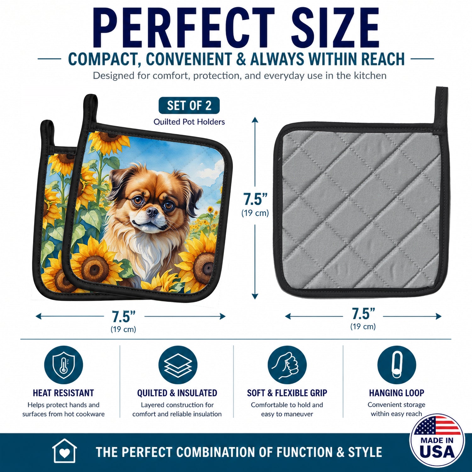 Tibetan Spaniel in Sunflowers Pot Holder Set of 2 Heat Resistant Quilted Hot Pads 7.5 x 7.5 Inch, Insulated Kitchen Trivets for Cooking & Baking