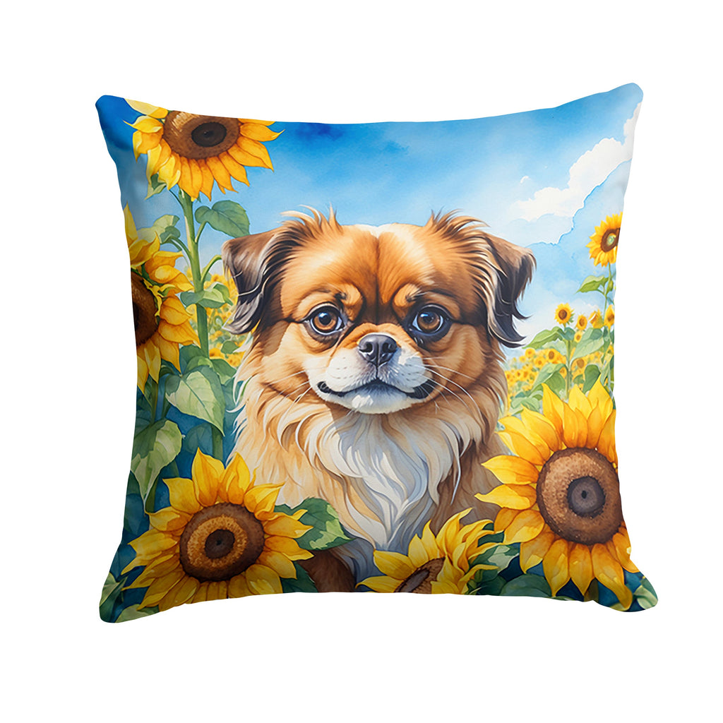 Tibetan Spaniel in Sunflowers Decorative Throw Pillow 14x14 Indoor Outdoor Accent Cushion, Fabric Cover with Insert for Sofa, Bed, Porch & Living Room