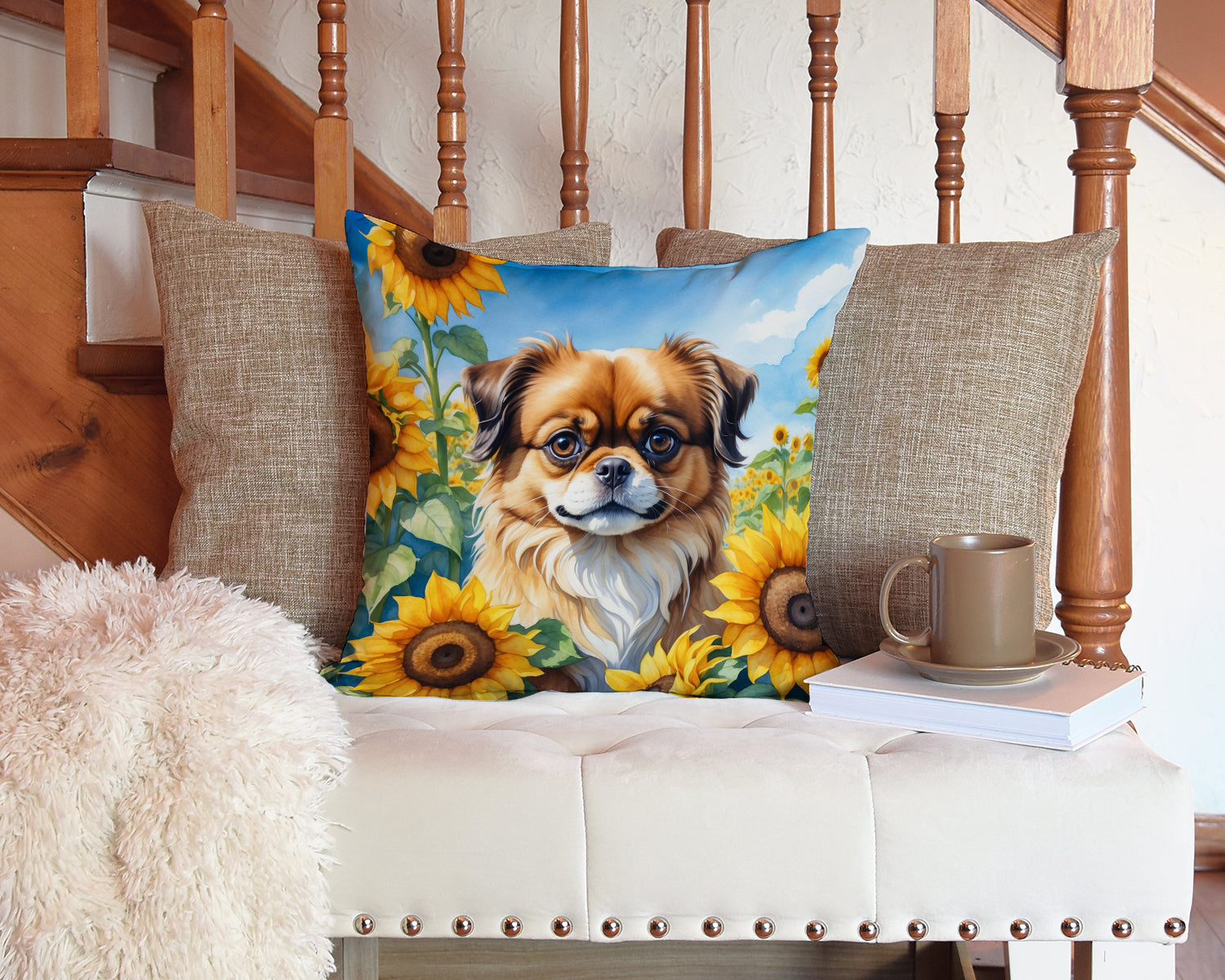 Tibetan Spaniel in Sunflowers Decorative Throw Pillow 14x14 Indoor Outdoor Accent Cushion, Fabric Cover with Insert for Sofa, Bed, Porch & Living Room