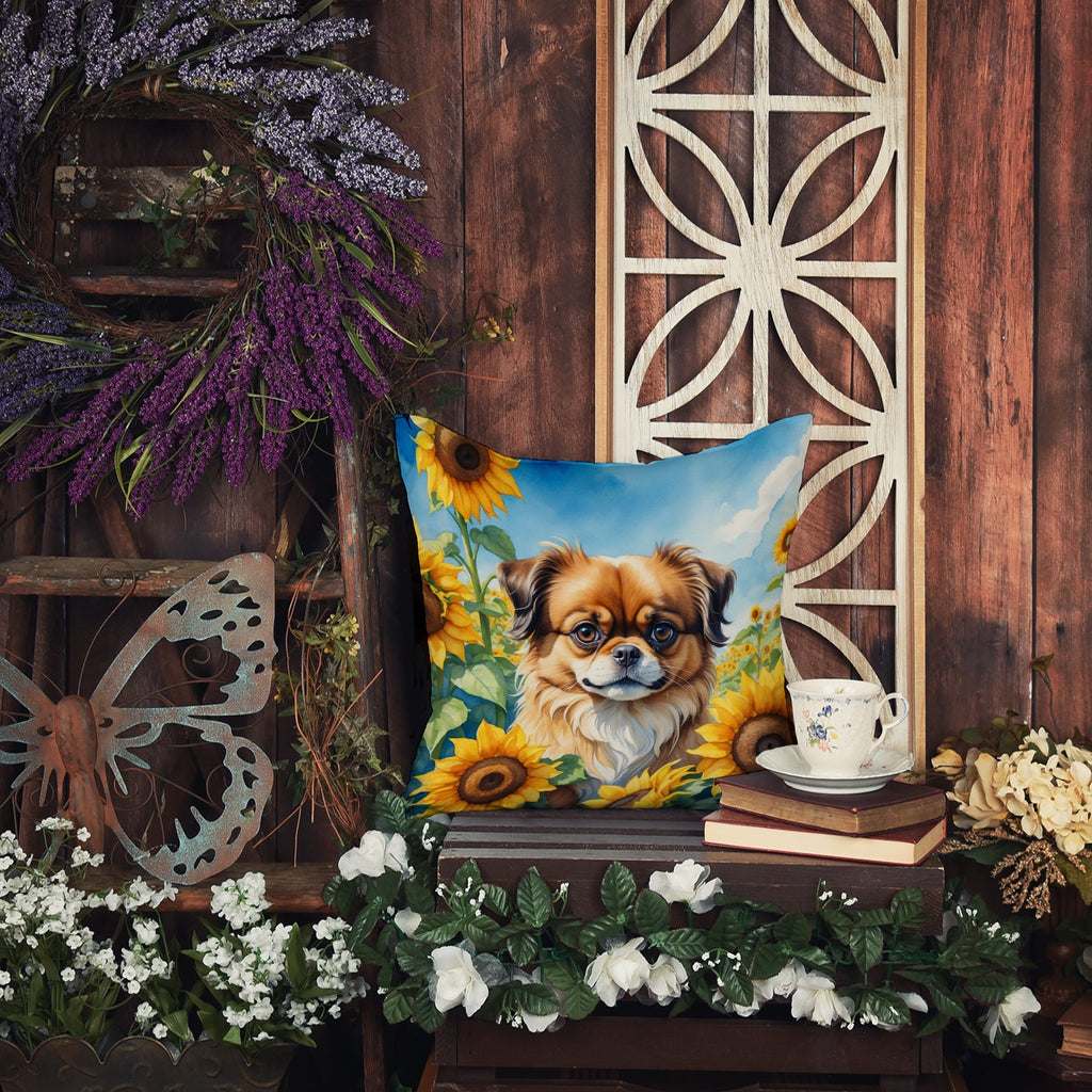 Tibetan Spaniel in Sunflowers Decorative Throw Pillow 18x18 Indoor Outdoor Accent Cushion, Fabric Cover with Insert for Sofa, Bed, Porch & Living Room