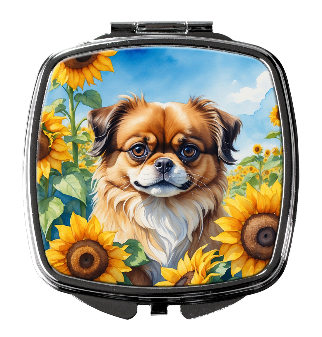 Tibetan Spaniel in Sunflowers Compact Mirror Decorative Travel Makeup Mirror for Women Girls Gifts Pocket Makeup Mirror Folding Handheld
