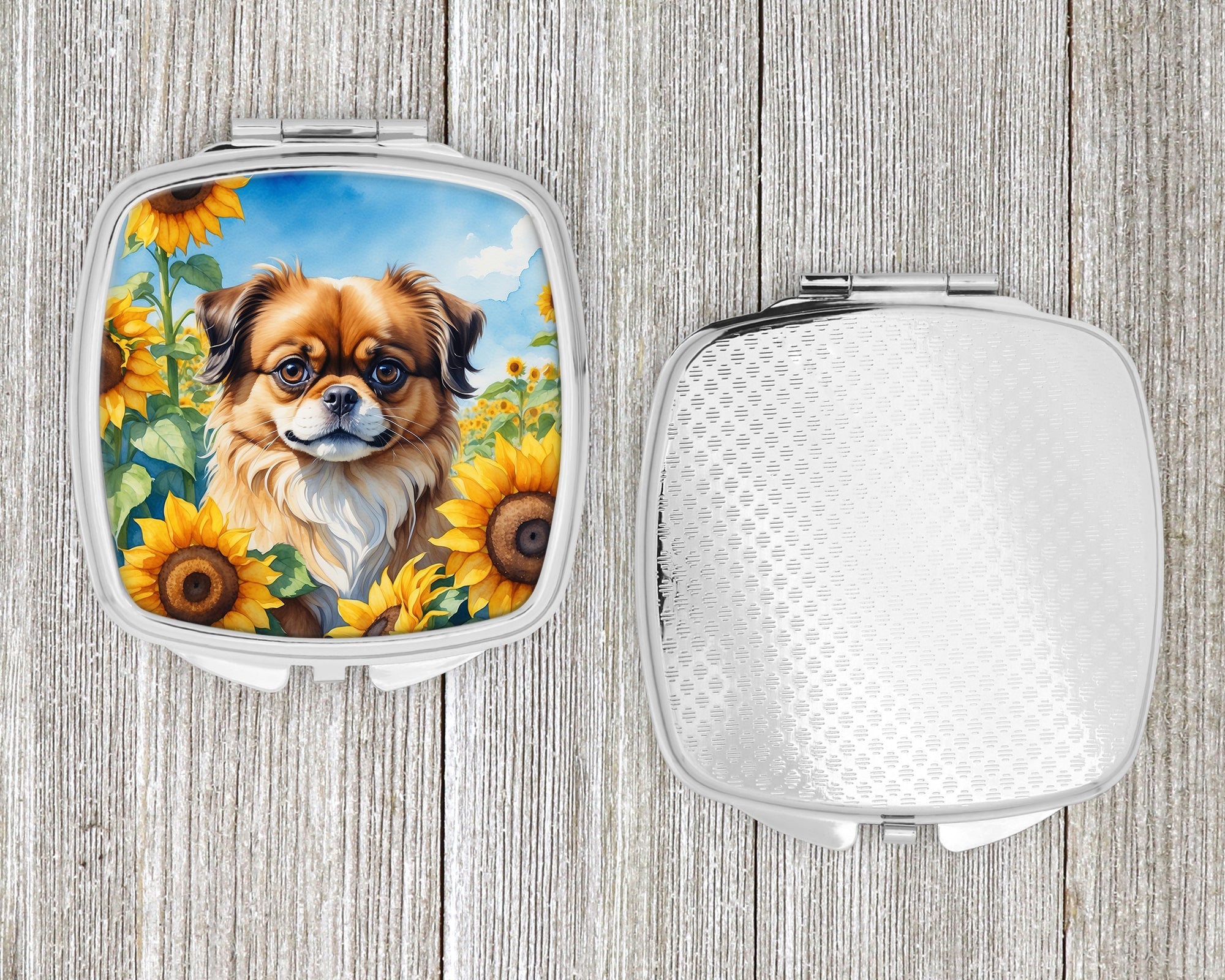 Tibetan Spaniel in Sunflowers Compact Mirror Decorative Travel Makeup Mirror for Women Girls Gifts Pocket Makeup Mirror Folding Handheld