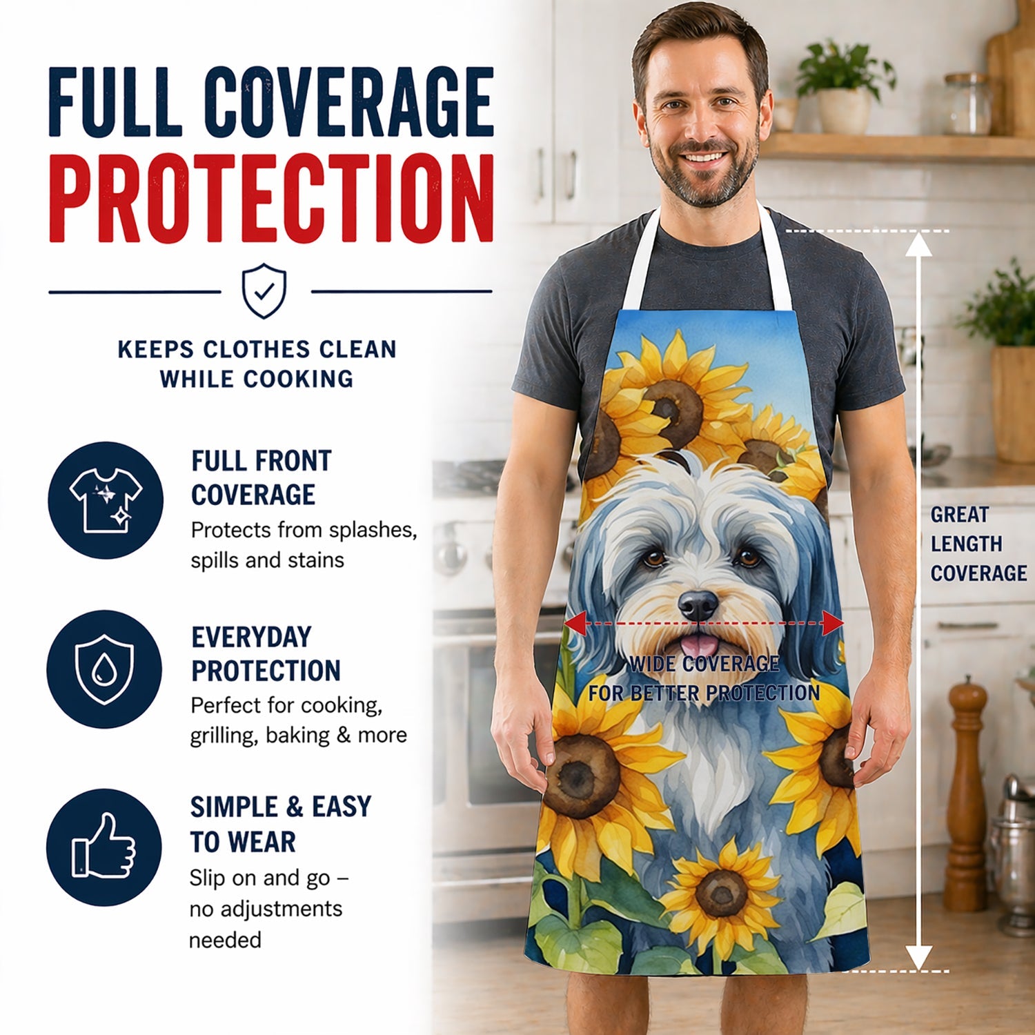 Tibetan Terrier in Sunflowers Apron Cooking Kitchen Server Baking Crafts Gardening for Adult Women Men, Unisex, Large, Multicolor