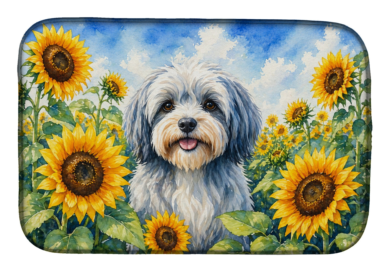 Tibetan Terrier in Sunflowers Dish Drying Mat Absorbent Dish Drying Mat Pad for Kitchen Counter Dish Drainer Mat for Countertop, 14 x 21", Multicolor