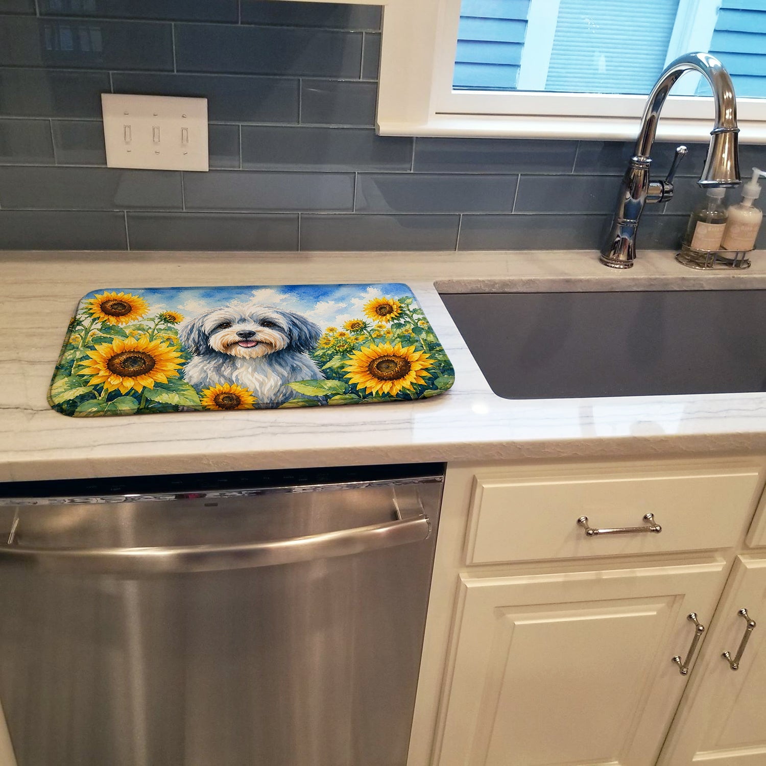 Tibetan Terrier in Sunflowers Dish Drying Mat Absorbent Dish Drying Mat Pad for Kitchen Counter Dish Drainer Mat for Countertop, 14 x 21", Multicolor