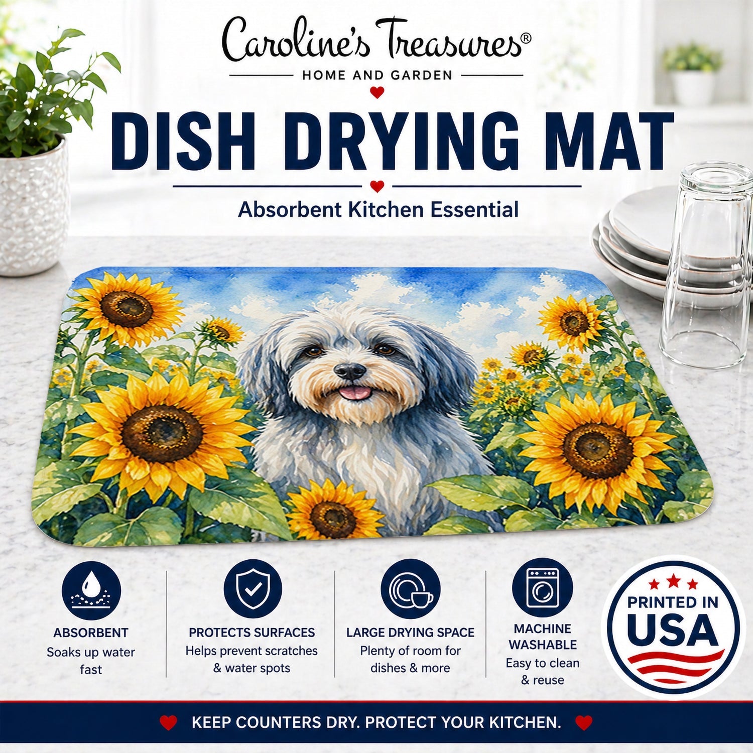 Tibetan Terrier in Sunflowers Dish Drying Mat Absorbent Dish Drying Mat Pad for Kitchen Counter Dish Drainer Mat for Countertop, 14 x 21", Multicolor