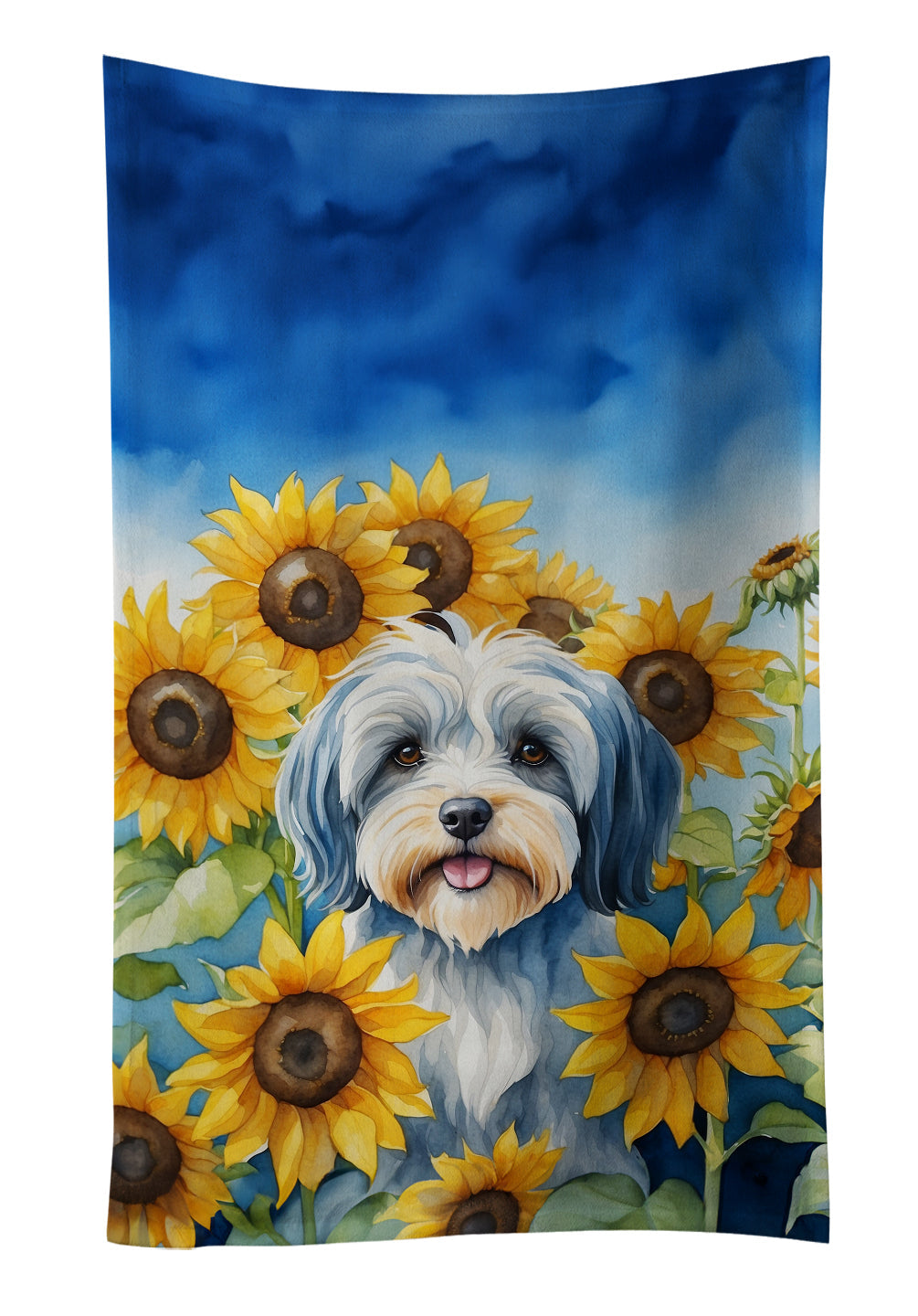 Tibetan Terrier in Sunflowers Kitchen Towel Velour Plush Front and Cotton Loop Back Machine Washable