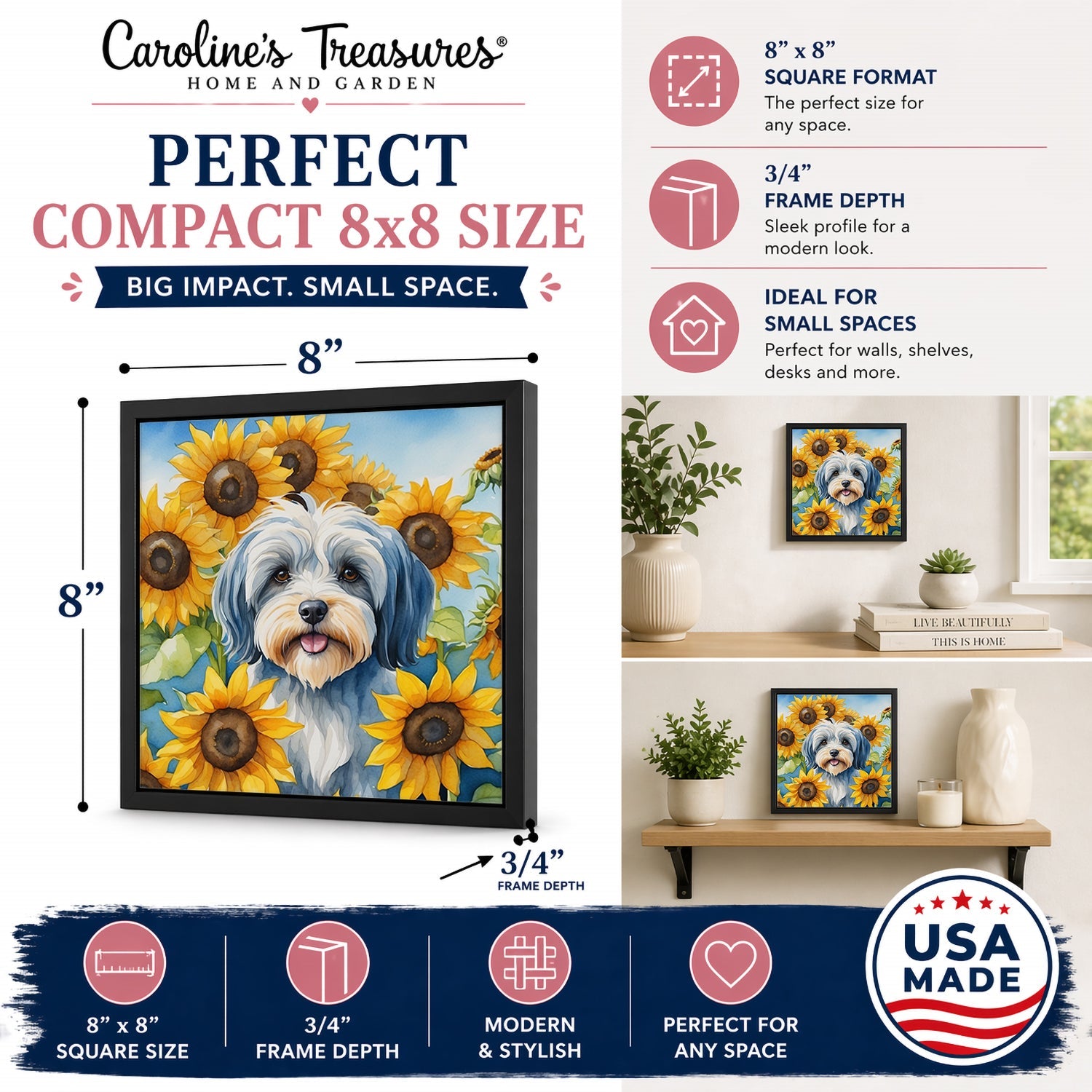 Tibetan Terrier in Sunflowers Framed Metal Print Bathroom, Kitchen, Office, Home Decor Wall Art Ready to Hang, Square, 8X8