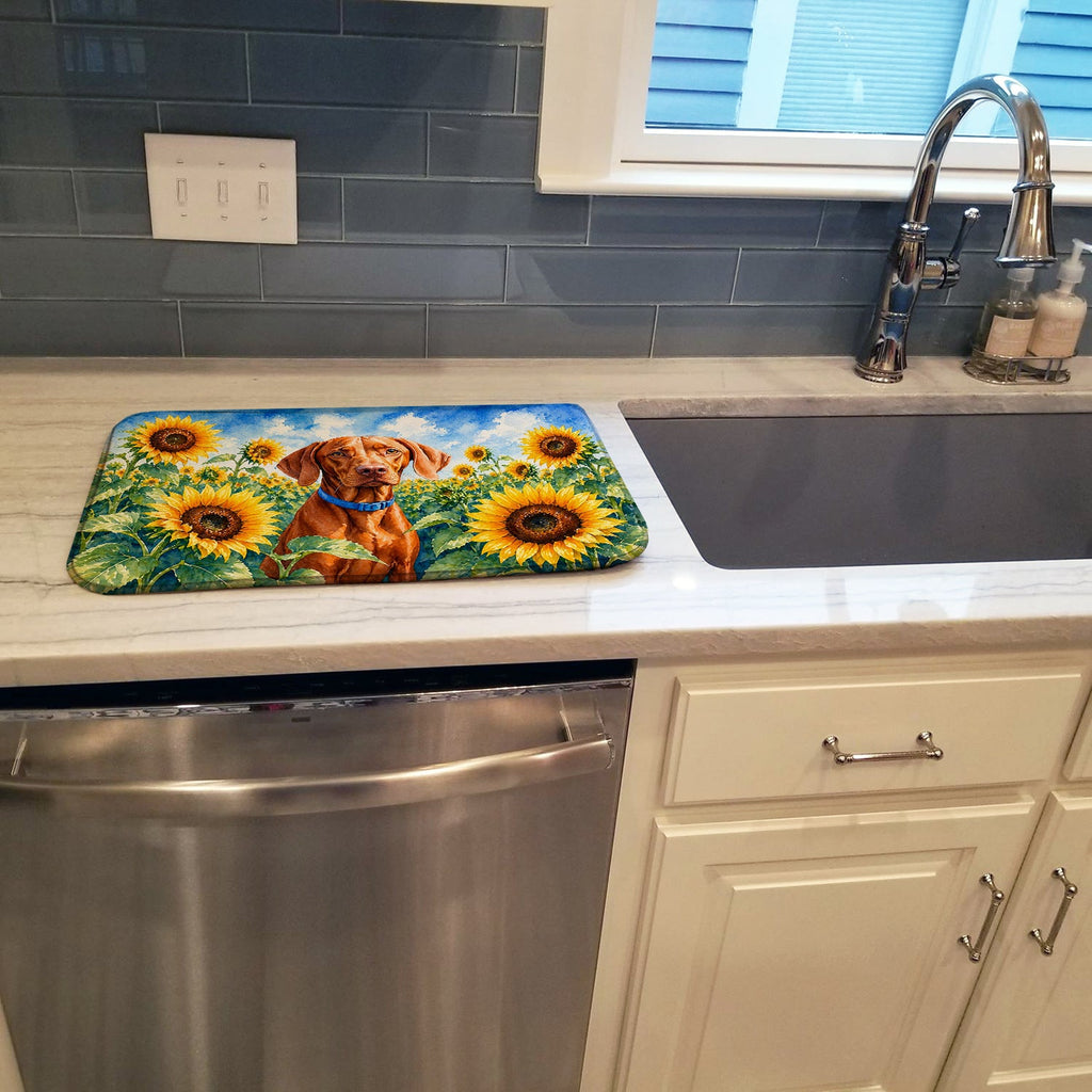 Vizsla in Sunflowers Dish Drying Mat Absorbent Dish Drying Mat Pad for Kitchen Counter Dish Drainer Mat for Countertop, 14 x 21", Multicolor