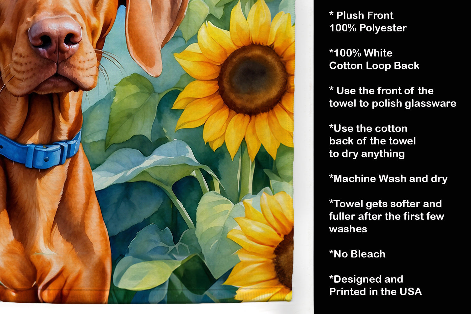 Vizsla in Sunflowers Kitchen Towel Velour Plush Front and Cotton Loop Back Machine Washable
