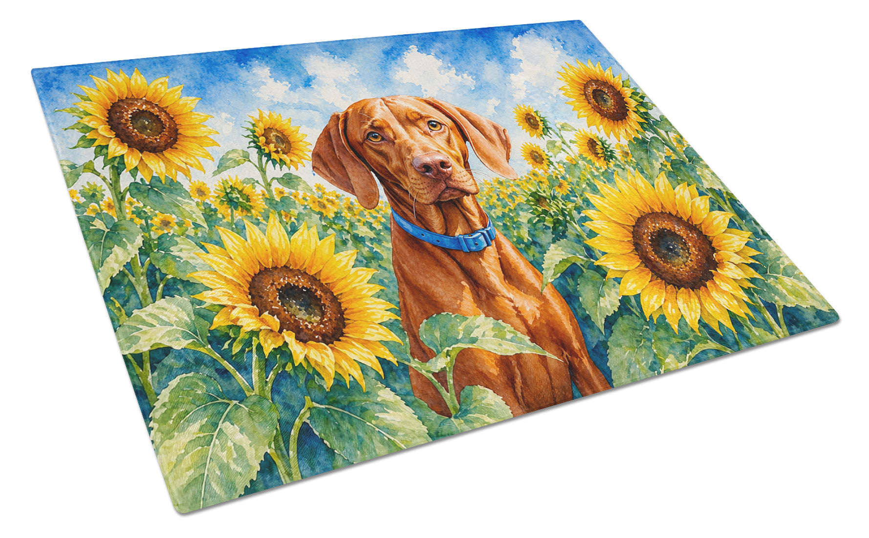 Vizsla in Sunflowers Cutting Board Tempered Glass Kitchen Cutting Surface, Heat Resistant Chopping Board with Non-Slip Feet, Decorative Food Prep & Serving