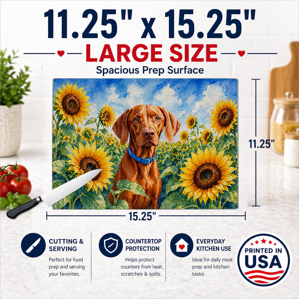Vizsla in Sunflowers Cutting Board Tempered Glass Kitchen Cutting Surface, Heat Resistant Chopping Board with Non-Slip Feet, Decorative Food Prep & Serving