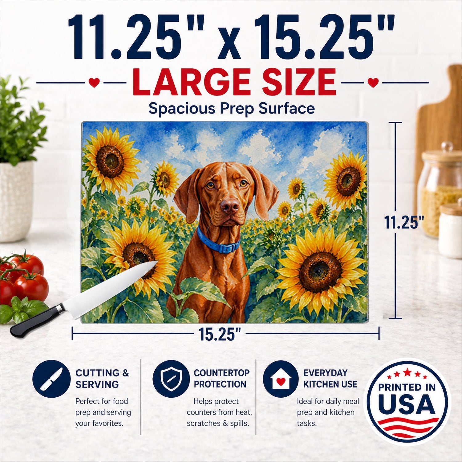 Vizsla in Sunflowers Cutting Board Tempered Glass Kitchen Cutting Surface, Heat Resistant Chopping Board with Non-Slip Feet, Decorative Food Prep & Serving