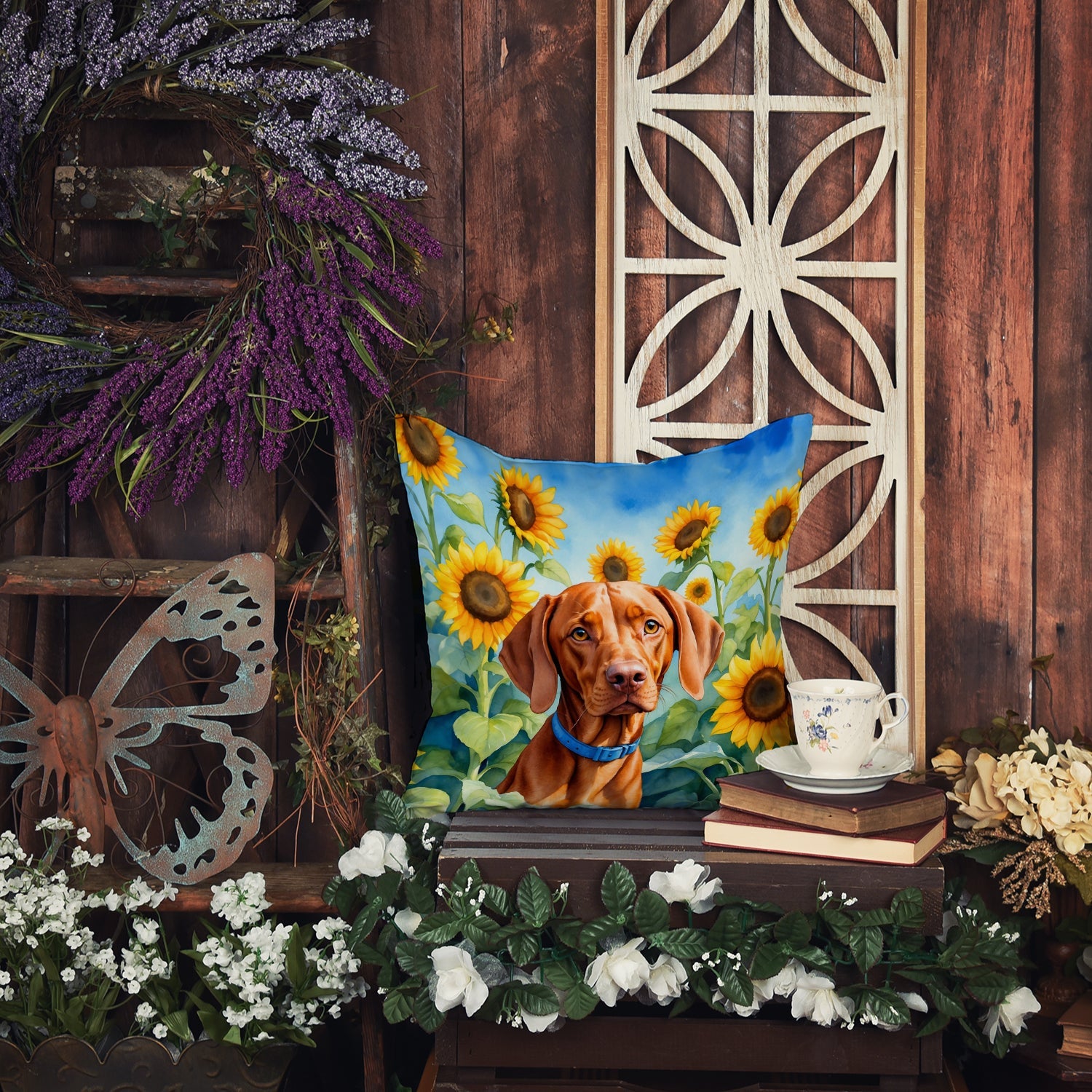 Vizsla in Sunflowers Decorative Throw Pillow 14x14 Indoor Outdoor Accent Cushion, Fabric Cover with Insert for Sofa, Bed, Porch & Living Room