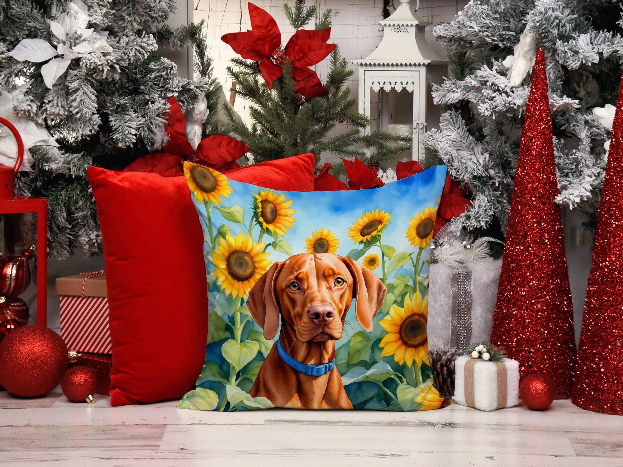 Vizsla in Sunflowers Decorative Throw Pillow 14x14 Indoor Outdoor Accent Cushion, Fabric Cover with Insert for Sofa, Bed, Porch & Living Room