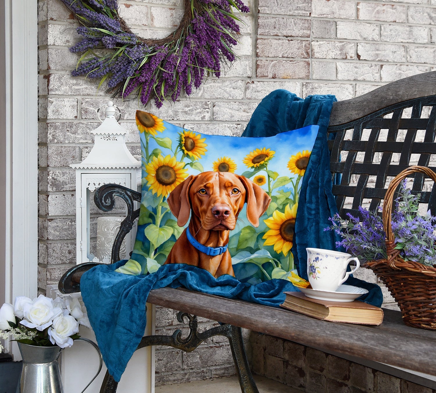 Vizsla in Sunflowers Decorative Throw Pillow 18x18 Indoor Outdoor Accent Cushion, Fabric Cover with Insert for Sofa, Bed, Porch & Living Room