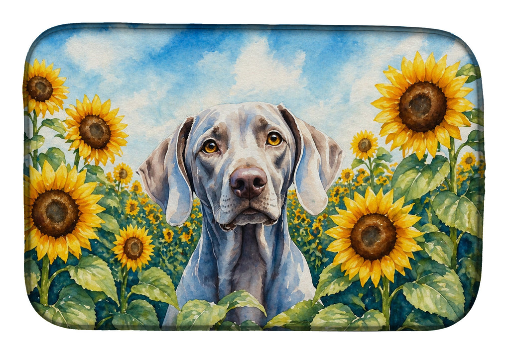 Weimaraner in Sunflowers Dish Drying Mat Absorbent Dish Drying Mat Pad for Kitchen Counter Dish Drainer Mat for Countertop, 14 x 21", Multicolor