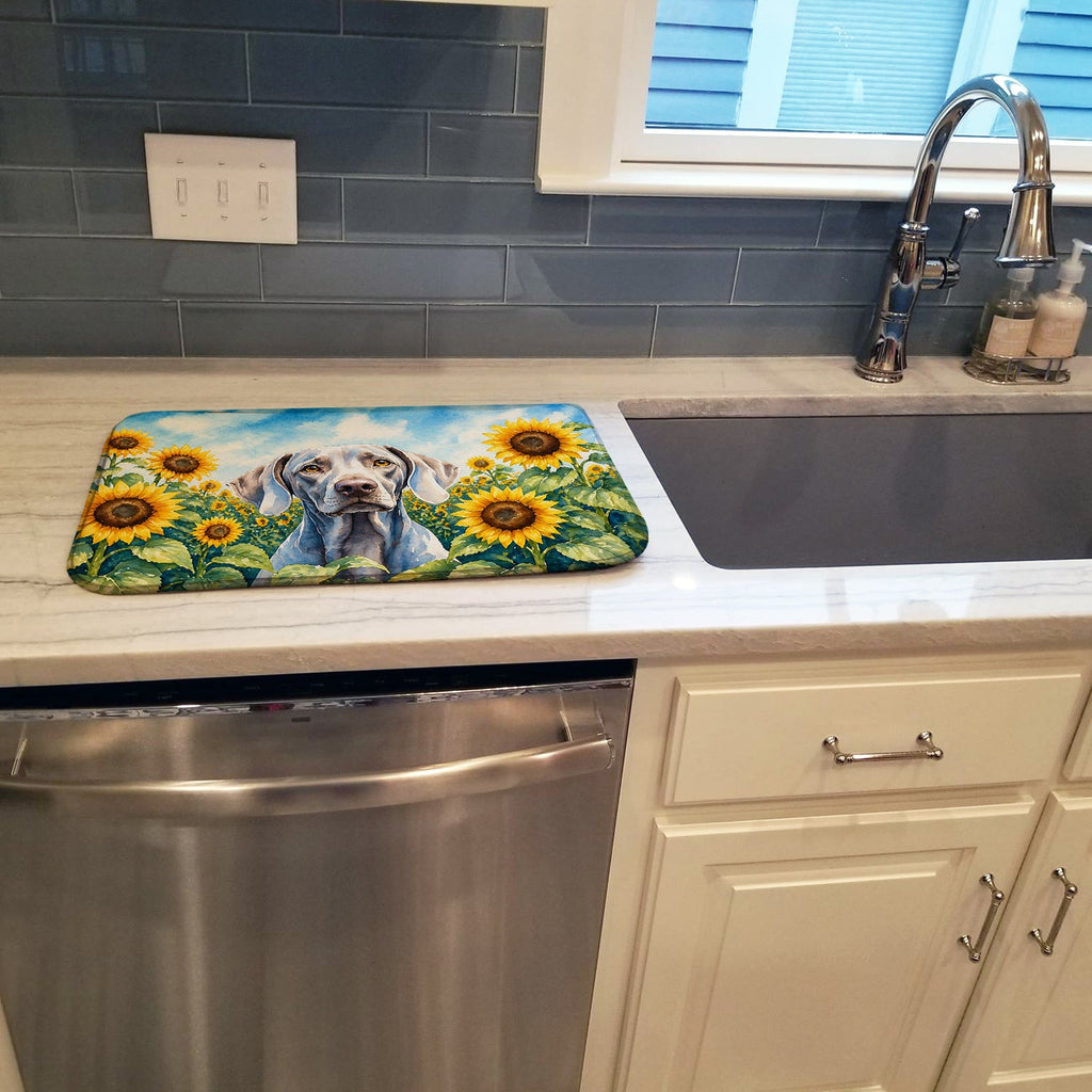 Weimaraner in Sunflowers Dish Drying Mat Absorbent Dish Drying Mat Pad for Kitchen Counter Dish Drainer Mat for Countertop, 14 x 21", Multicolor