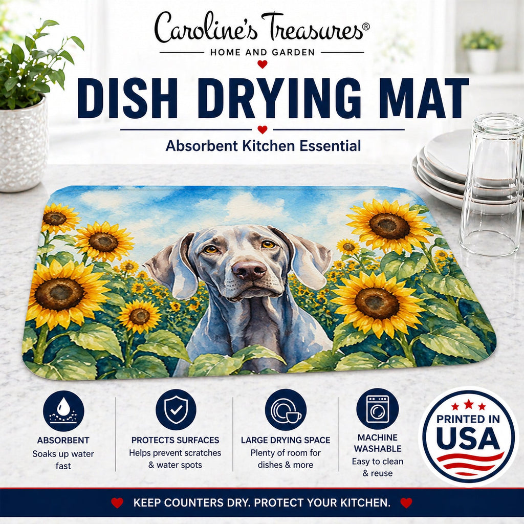 Weimaraner in Sunflowers Dish Drying Mat Absorbent Dish Drying Mat Pad for Kitchen Counter Dish Drainer Mat for Countertop, 14 x 21", Multicolor