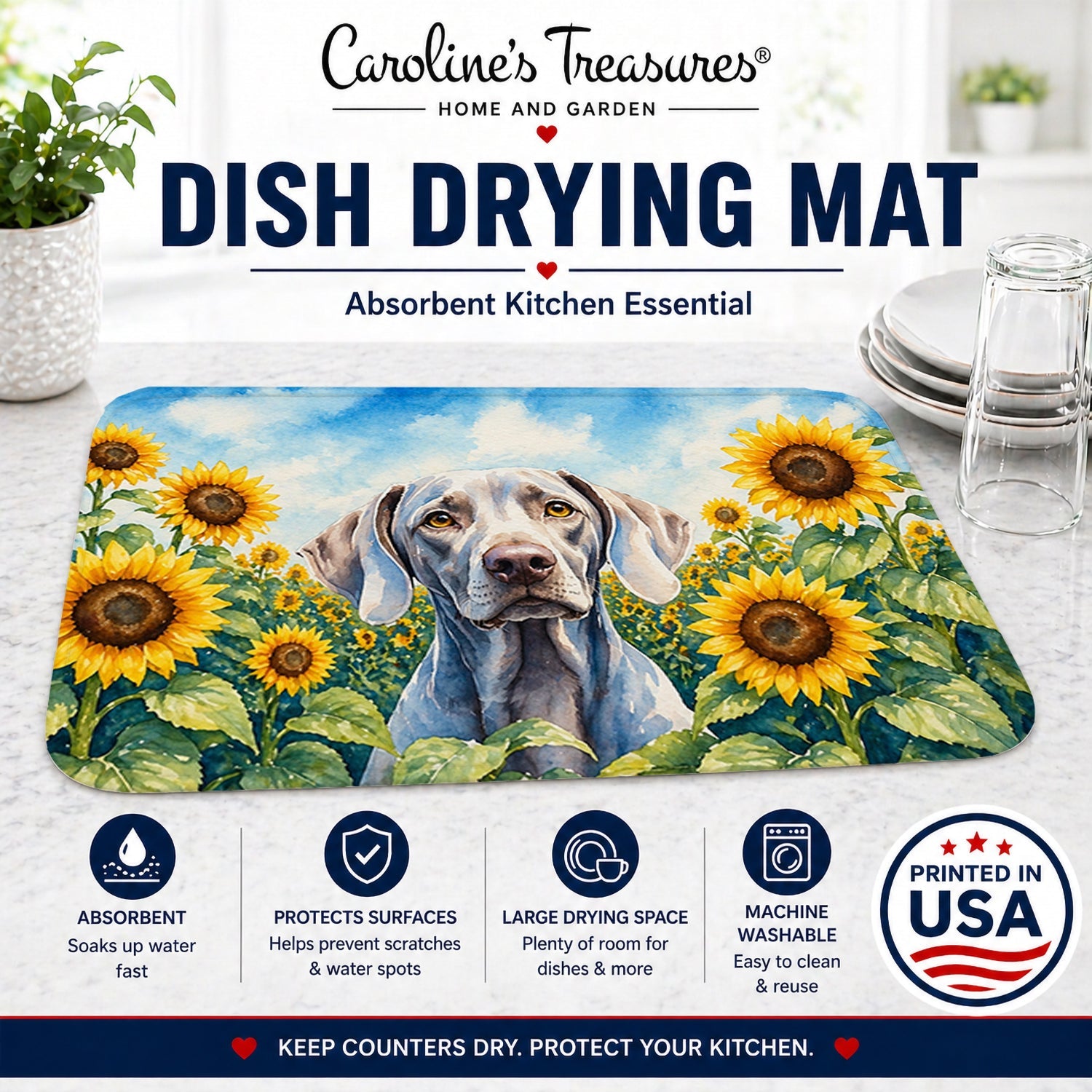 Weimaraner in Sunflowers Dish Drying Mat Absorbent Dish Drying Mat Pad for Kitchen Counter Dish Drainer Mat for Countertop, 14 x 21", Multicolor