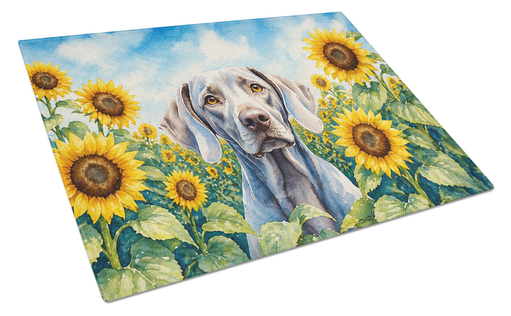 Weimaraner in Sunflowers Cutting Board Tempered Glass Kitchen Cutting Surface, Heat Resistant Chopping Board with Non-Slip Feet, Decorative Food Prep & Serving