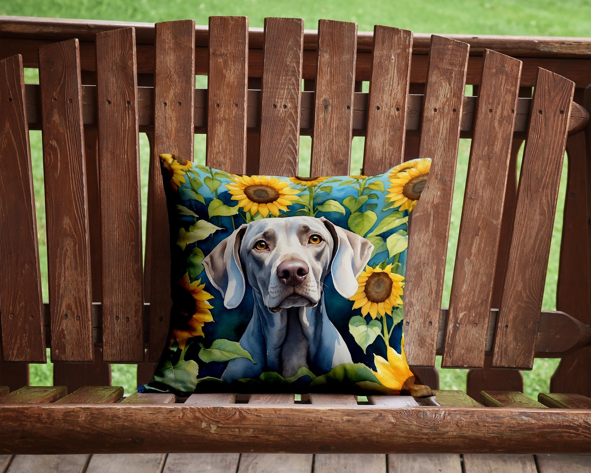 Weimaraner in Sunflowers Decorative Throw Pillow 14x14 Indoor Outdoor Accent Cushion, Fabric Cover with Insert for Sofa, Bed, Porch & Living Room