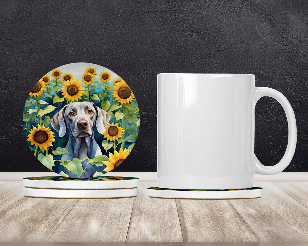 Weimaraner in Sunflowers Large Sandstone Coasters Pack of 4 Absorbent Round Coasters Decor Gifts for Men or Women, 4 in, Multicolor