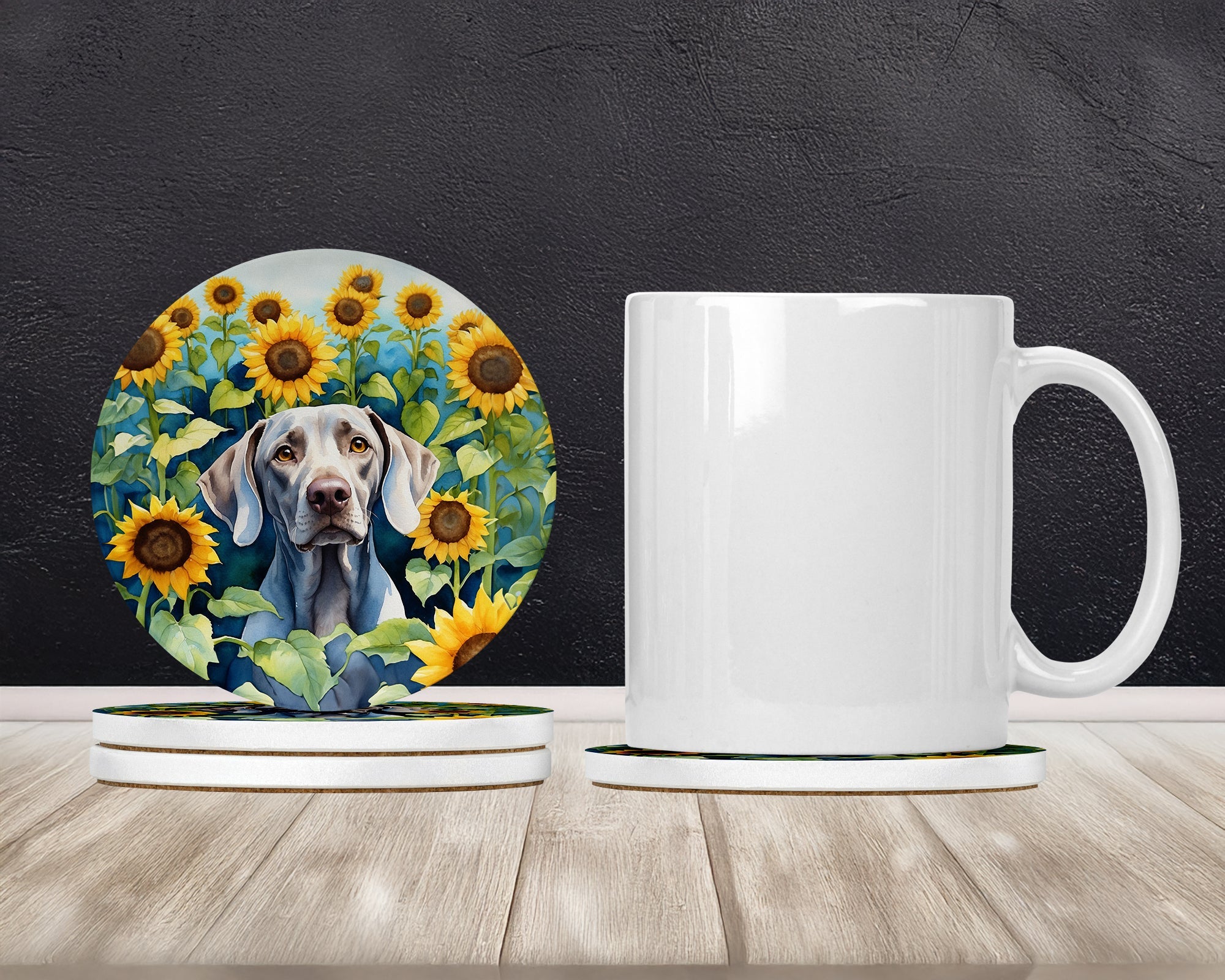 Weimaraner in Sunflowers Large Sandstone Coasters Pack of 4 Absorbent Round Coasters Decor Gifts for Men or Women, 4 in, Multicolor