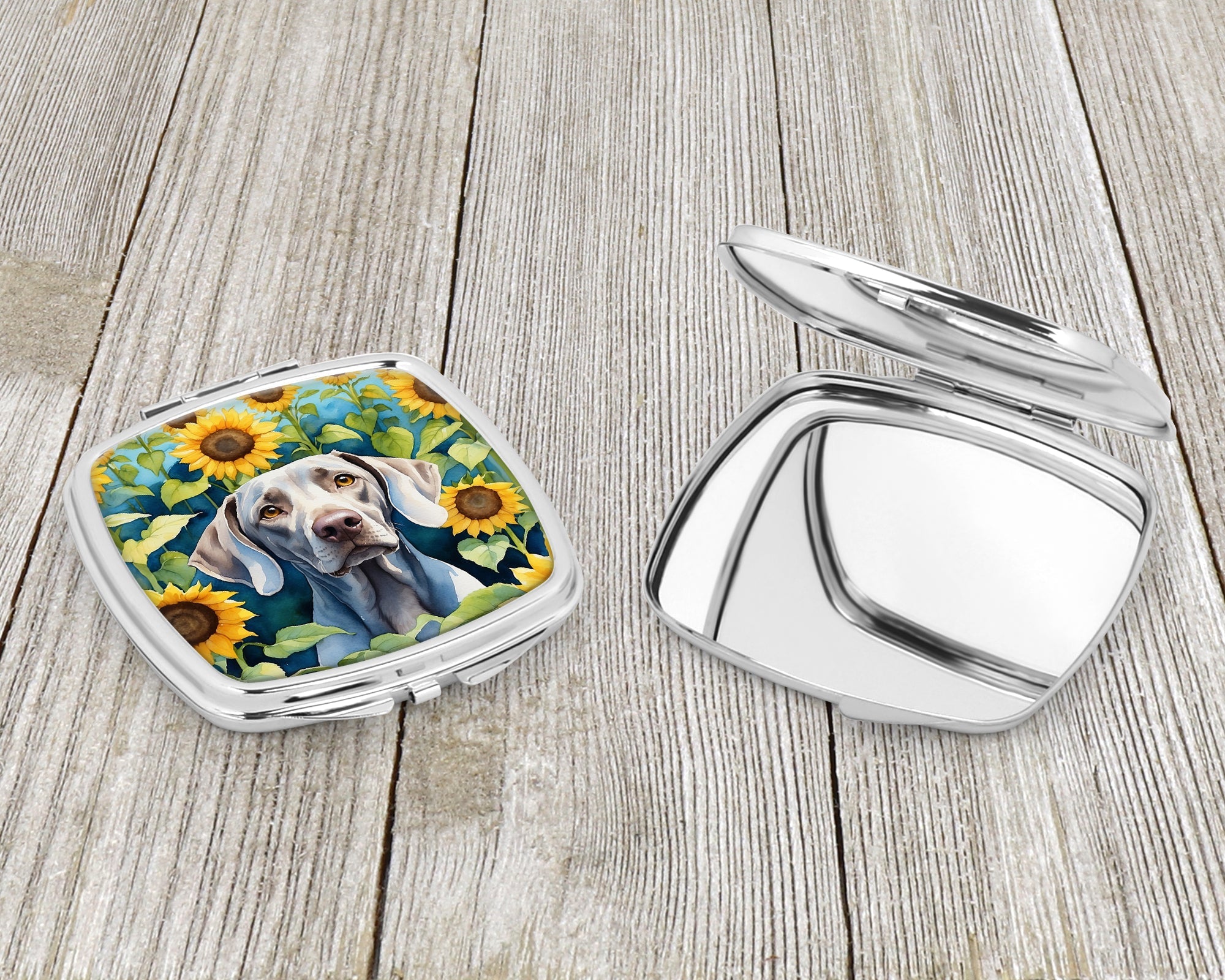 Weimaraner in Sunflowers Compact Mirror Decorative Travel Makeup Mirror for Women Girls Gifts Pocket Makeup Mirror Folding Handheld