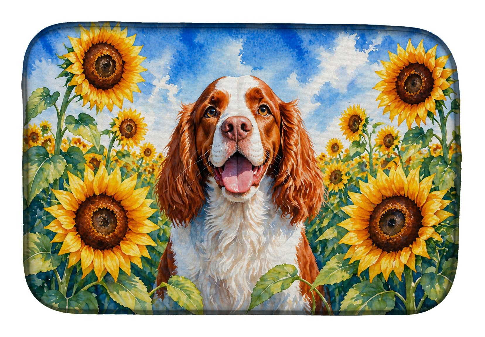 Welsh Springer Spaniel in Sunflowers Dish Drying Mat Absorbent Dish Drying Mat Pad for Kitchen Counter Dish Drainer Mat for Countertop, 14 x 21", Multicolor