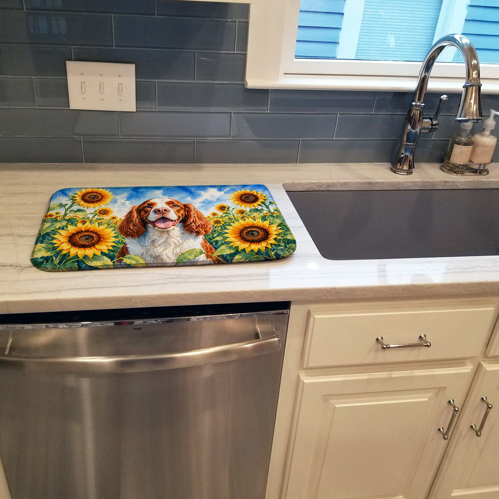 Welsh Springer Spaniel in Sunflowers Dish Drying Mat Absorbent Dish Drying Mat Pad for Kitchen Counter Dish Drainer Mat for Countertop, 14 x 21", Multicolor