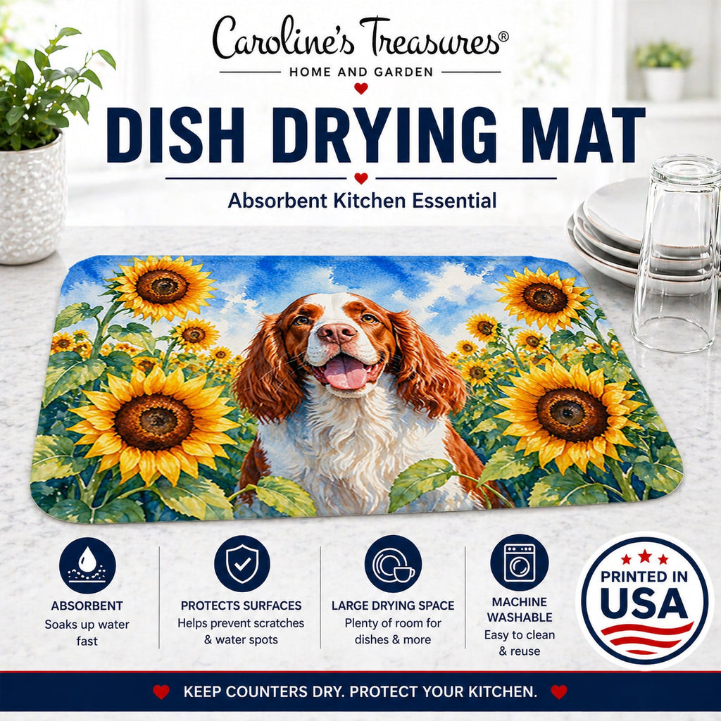 Welsh Springer Spaniel in Sunflowers Dish Drying Mat Absorbent Dish Drying Mat Pad for Kitchen Counter Dish Drainer Mat for Countertop, 14 x 21", Multicolor
