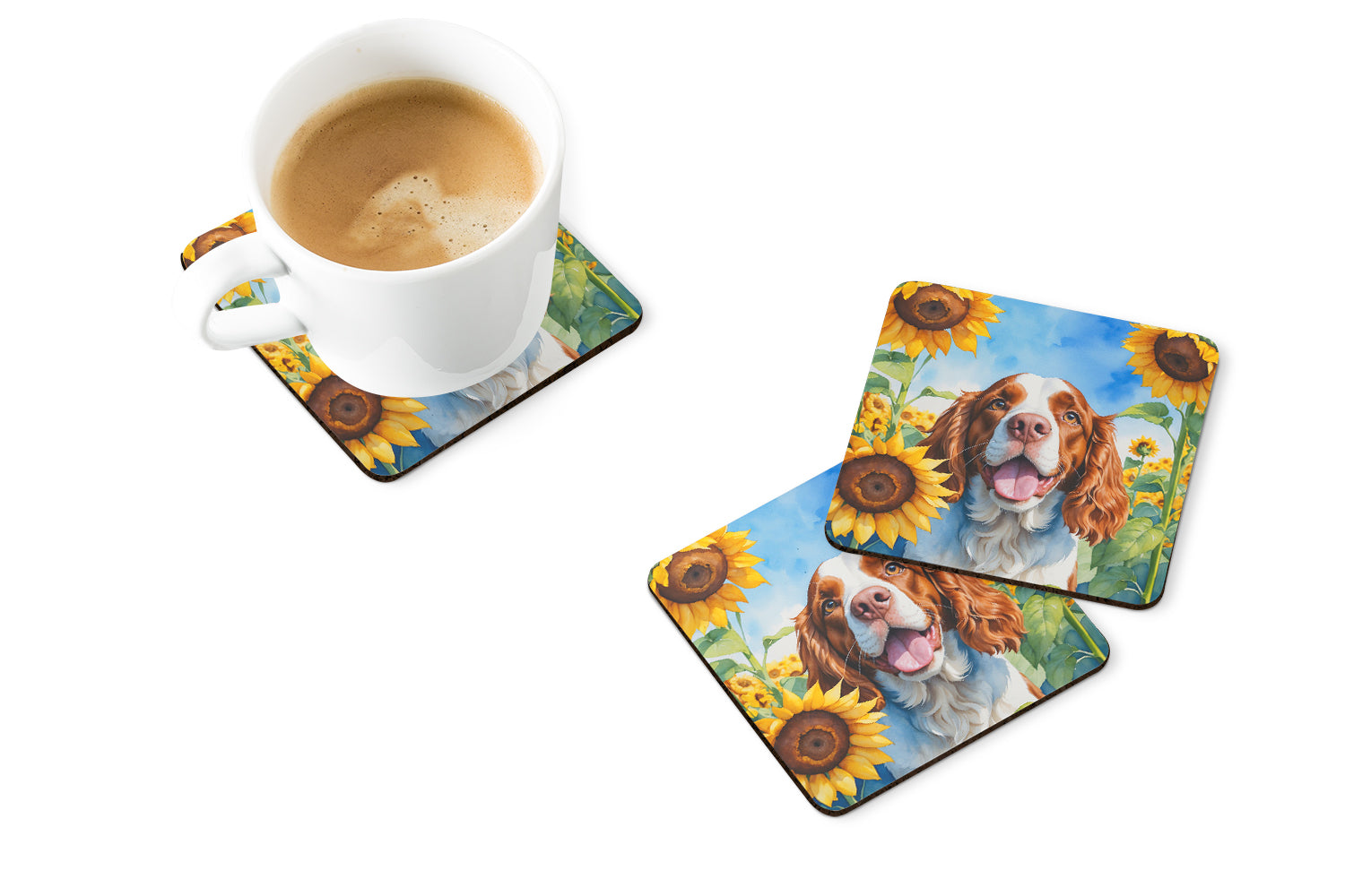 Welsh Springer Spaniel in Sunflowers Foam Coasters Set of 4 Cup Coasters for Indoor Outdoor, Tabletop Protection, Anti Slip, Mouse pad Material