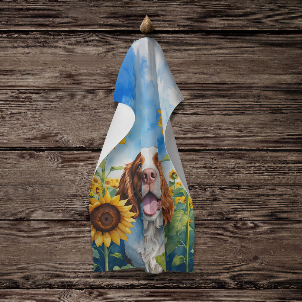 Welsh Springer Spaniel in Sunflowers Kitchen Towel Velour Plush Front and Cotton Loop Back Machine Washable