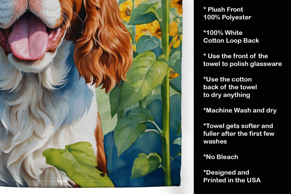 Welsh Springer Spaniel in Sunflowers Kitchen Towel Velour Plush Front and Cotton Loop Back Machine Washable