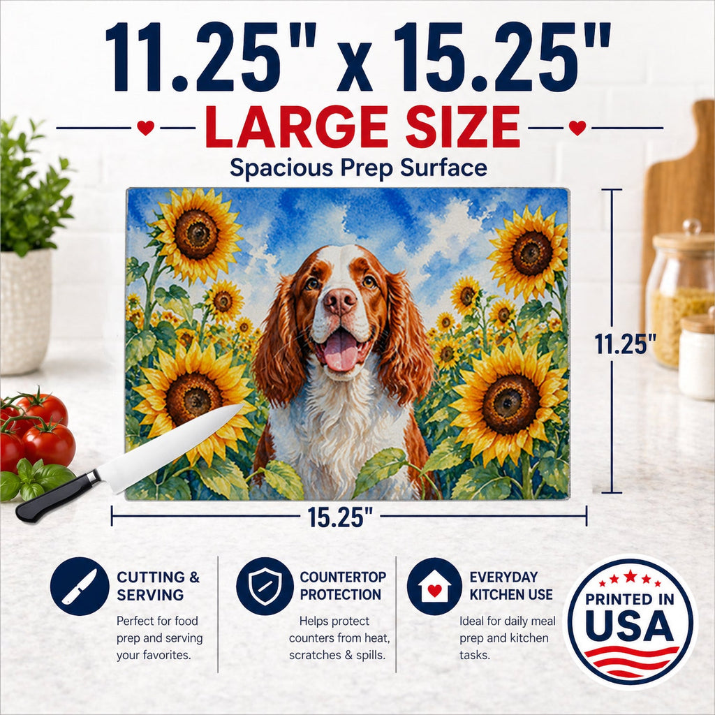 Welsh Springer Spaniel in Sunflowers Cutting Board Tempered Glass Kitchen Cutting Surface, Heat Resistant Chopping Board with Non-Slip Feet, Decorative Food Prep & Serving