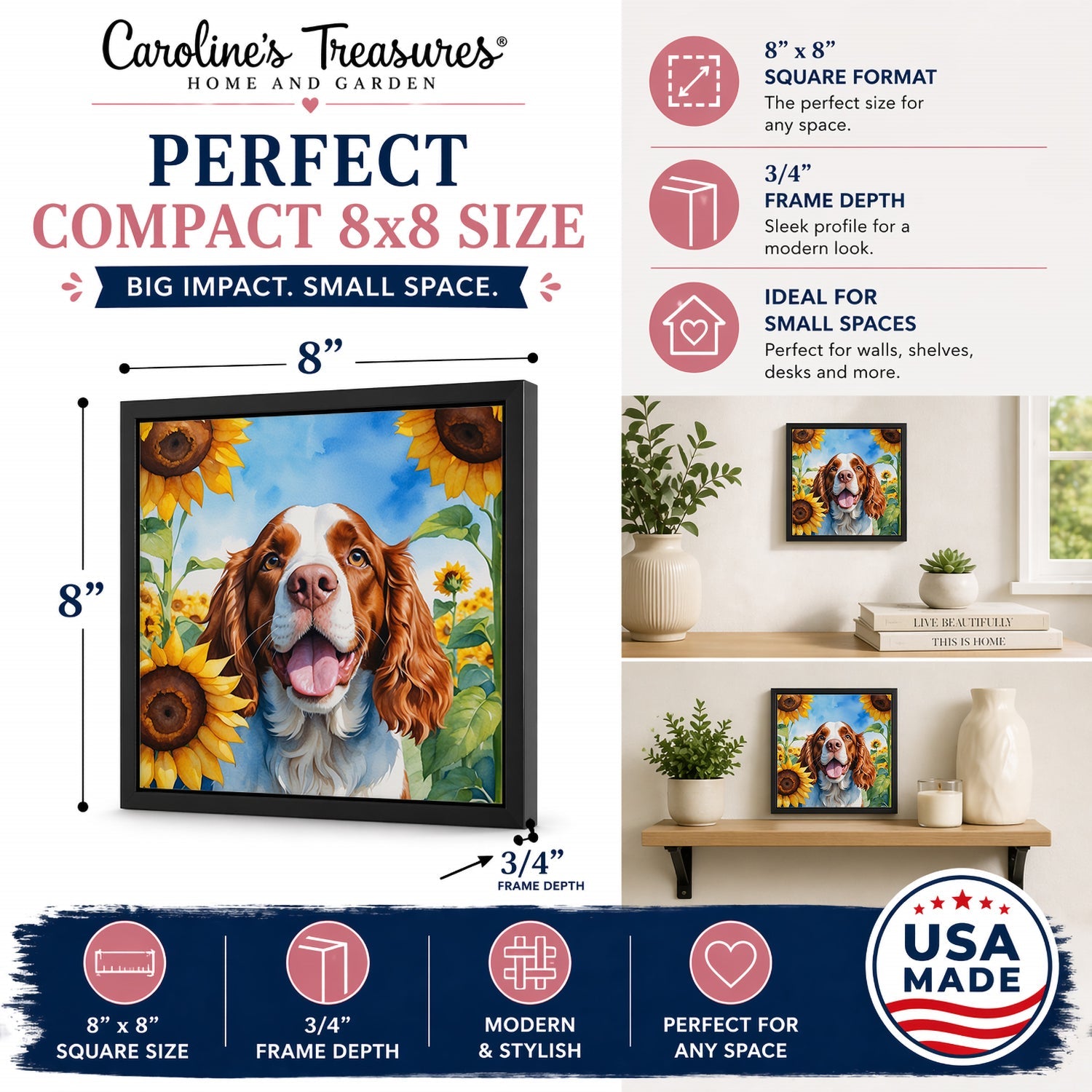 Welsh Springer Spaniel in Sunflowers Framed Metal Print Bathroom, Kitchen, Office, Home Decor Wall Art Ready to Hang, Square, 8X8
