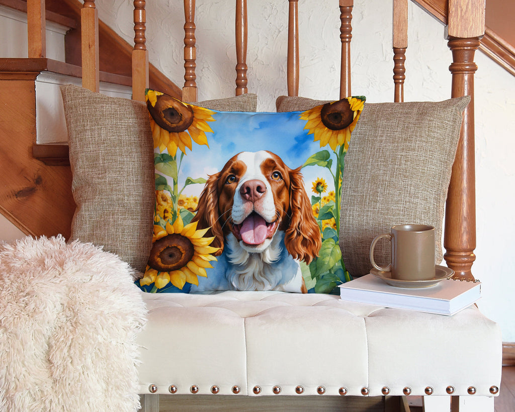 Welsh Springer Spaniel in Sunflowers Decorative Throw Pillow 14x14 Indoor Outdoor Accent Cushion, Fabric Cover with Insert for Sofa, Bed, Porch & Living Room