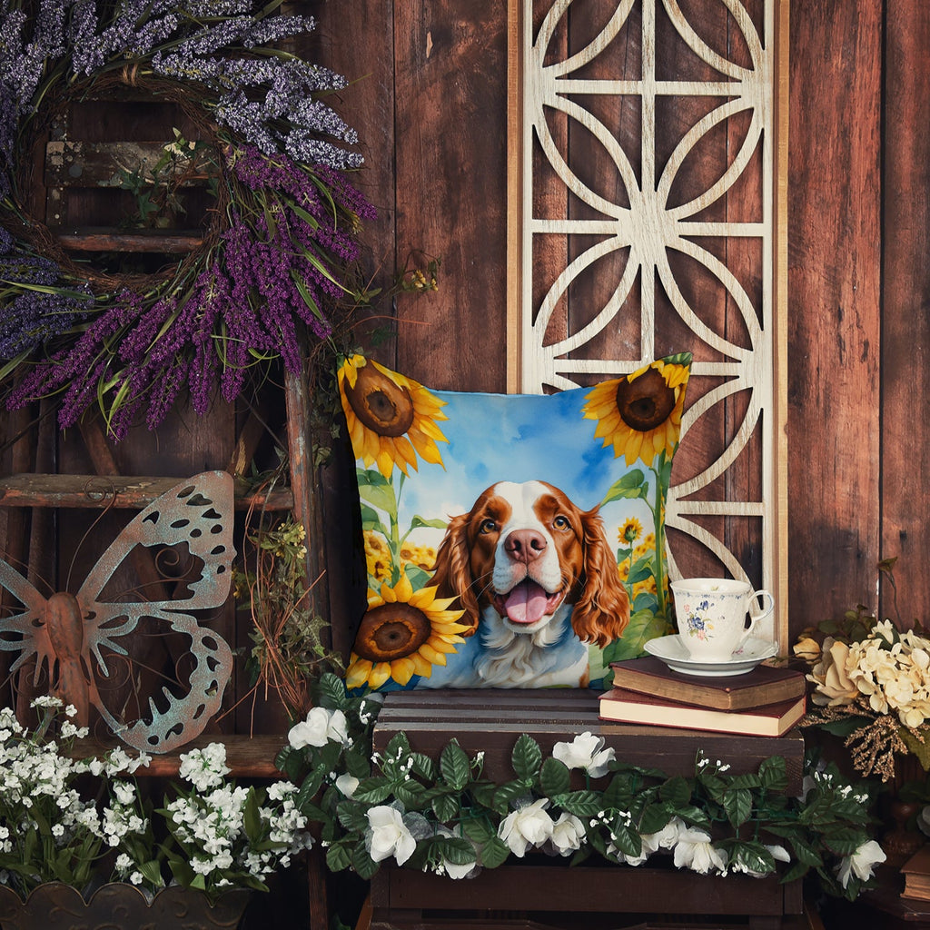 Welsh Springer Spaniel in Sunflowers Decorative Throw Pillow 14x14 Indoor Outdoor Accent Cushion, Fabric Cover with Insert for Sofa, Bed, Porch & Living Room