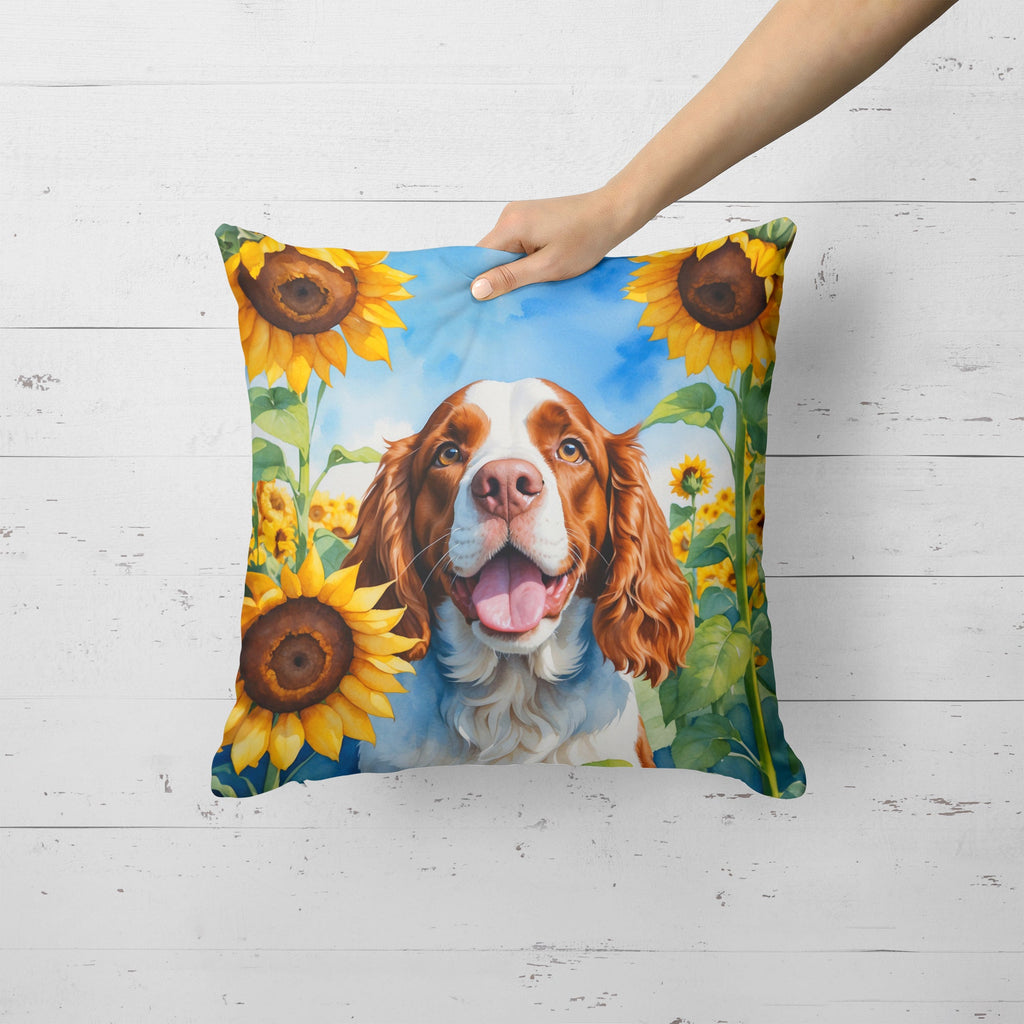 Welsh Springer Spaniel in Sunflowers Decorative Throw Pillow 18x18 Indoor Outdoor Accent Cushion, Fabric Cover with Insert for Sofa, Bed, Porch & Living Room