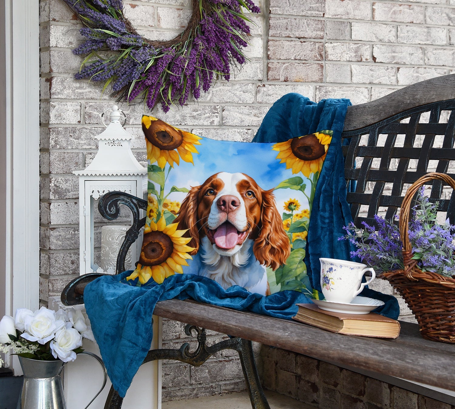 Welsh Springer Spaniel in Sunflowers Decorative Throw Pillow 18x18 Indoor Outdoor Accent Cushion, Fabric Cover with Insert for Sofa, Bed, Porch & Living Room