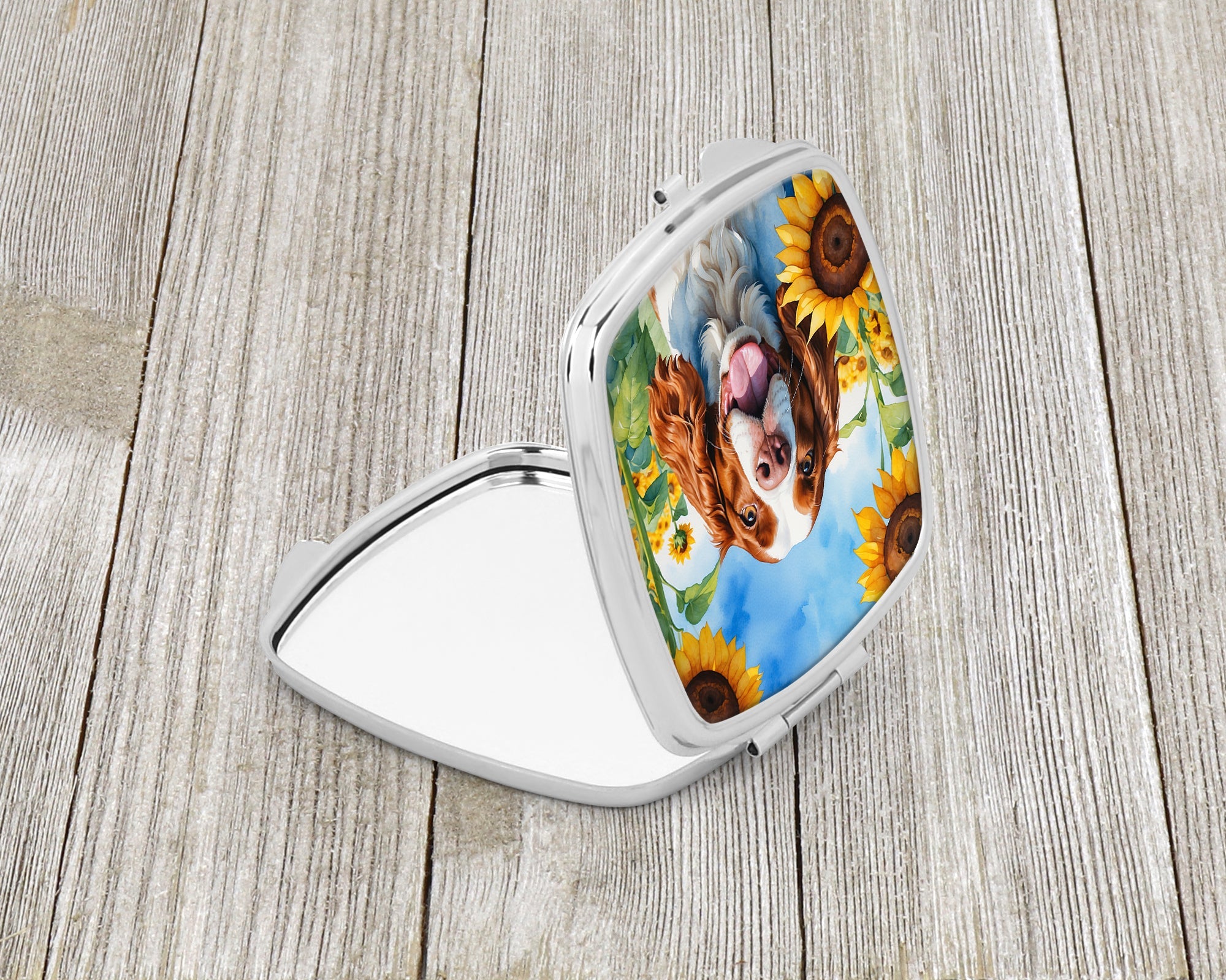 Welsh Springer Spaniel in Sunflowers Compact Mirror Decorative Travel Makeup Mirror for Women Girls Gifts Pocket Makeup Mirror Folding Handheld