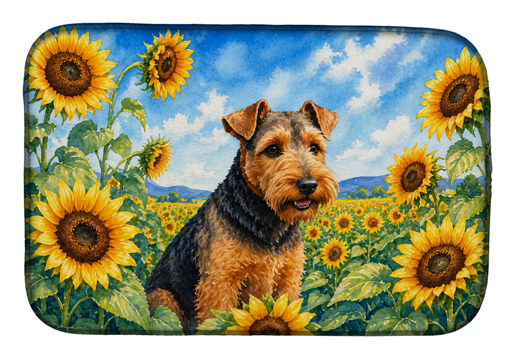 Welsh Terrier in Sunflowers Dish Drying Mat Absorbent Dish Drying Mat Pad for Kitchen Counter Dish Drainer Mat for Countertop, 14 x 21", Multicolor