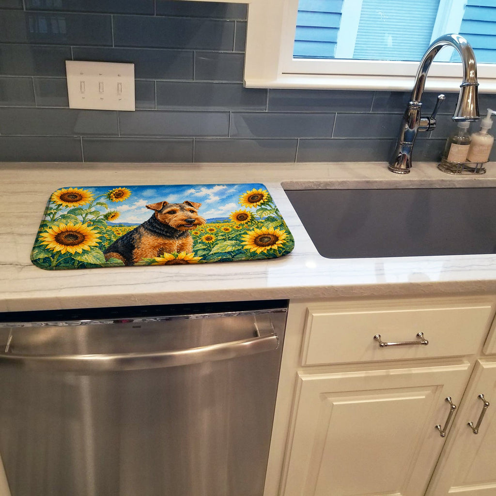 Welsh Terrier in Sunflowers Dish Drying Mat Absorbent Dish Drying Mat Pad for Kitchen Counter Dish Drainer Mat for Countertop, 14 x 21", Multicolor