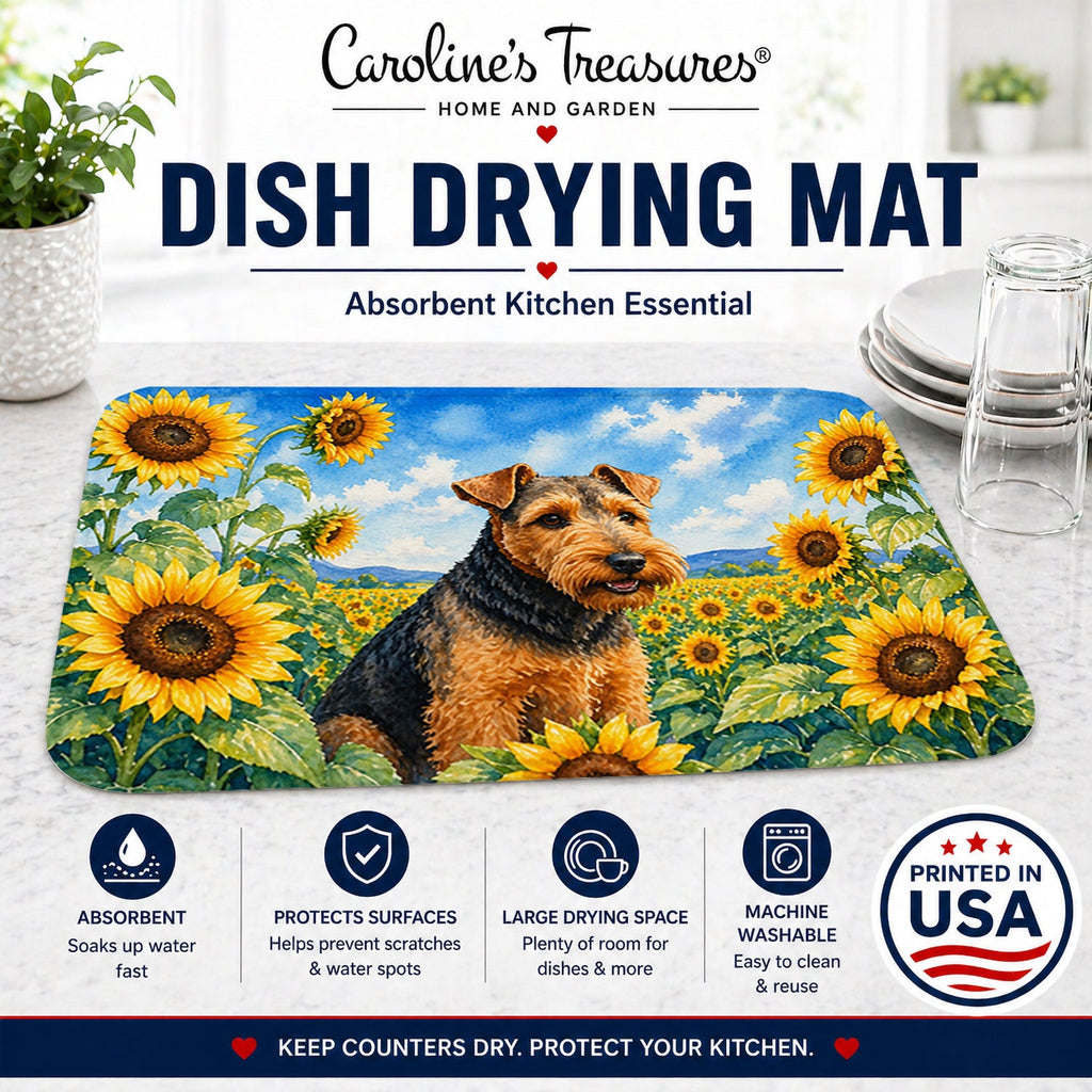 Welsh Terrier in Sunflowers Dish Drying Mat Absorbent Dish Drying Mat Pad for Kitchen Counter Dish Drainer Mat for Countertop, 14 x 21", Multicolor