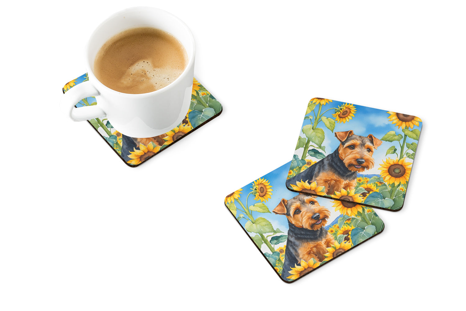 Welsh Terrier in Sunflowers Foam Coasters Set of 4 Cup Coasters for Indoor Outdoor, Tabletop Protection, Anti Slip, Mouse pad Material
