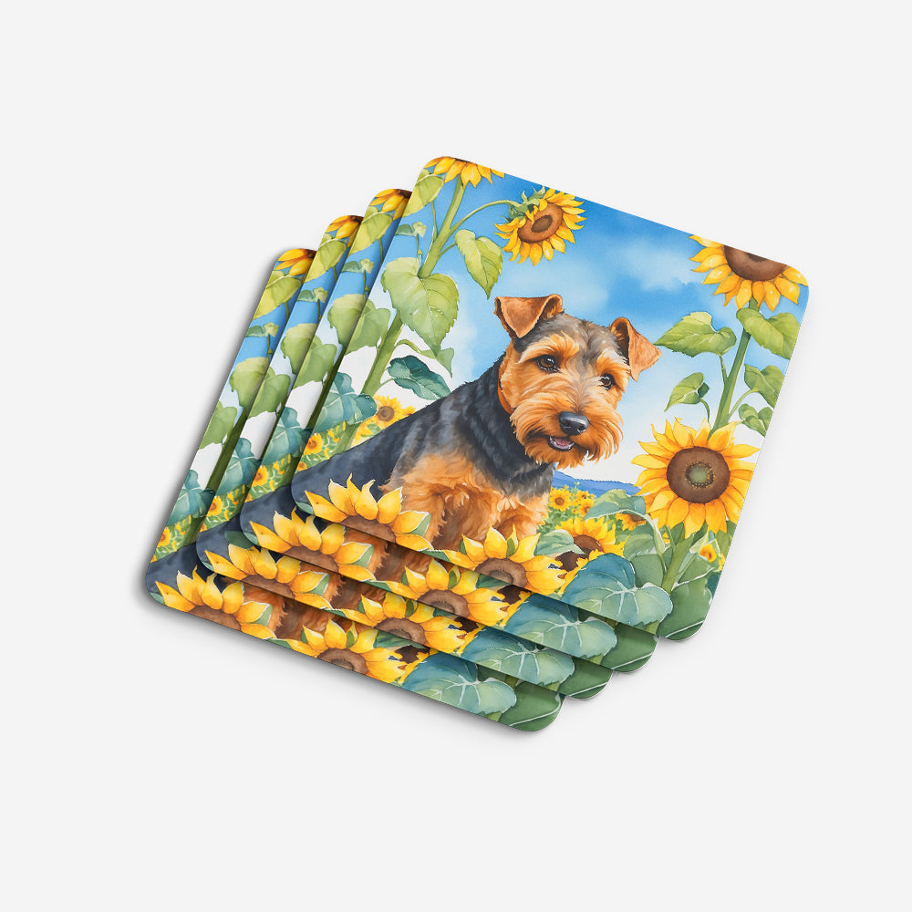 Welsh Terrier in Sunflowers Foam Coasters Set of 4 Cup Coasters for Indoor Outdoor, Tabletop Protection, Anti Slip, Mouse pad Material