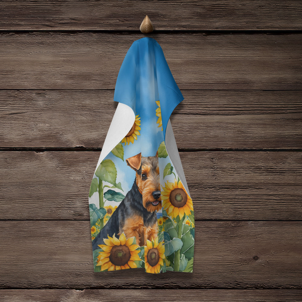 Welsh Terrier in Sunflowers Kitchen Towel Velour Plush Front and Cotton Loop Back Machine Washable